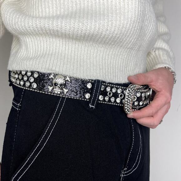 y2k punk skull black and silver rhinestone belt - Picture 3 of 7
